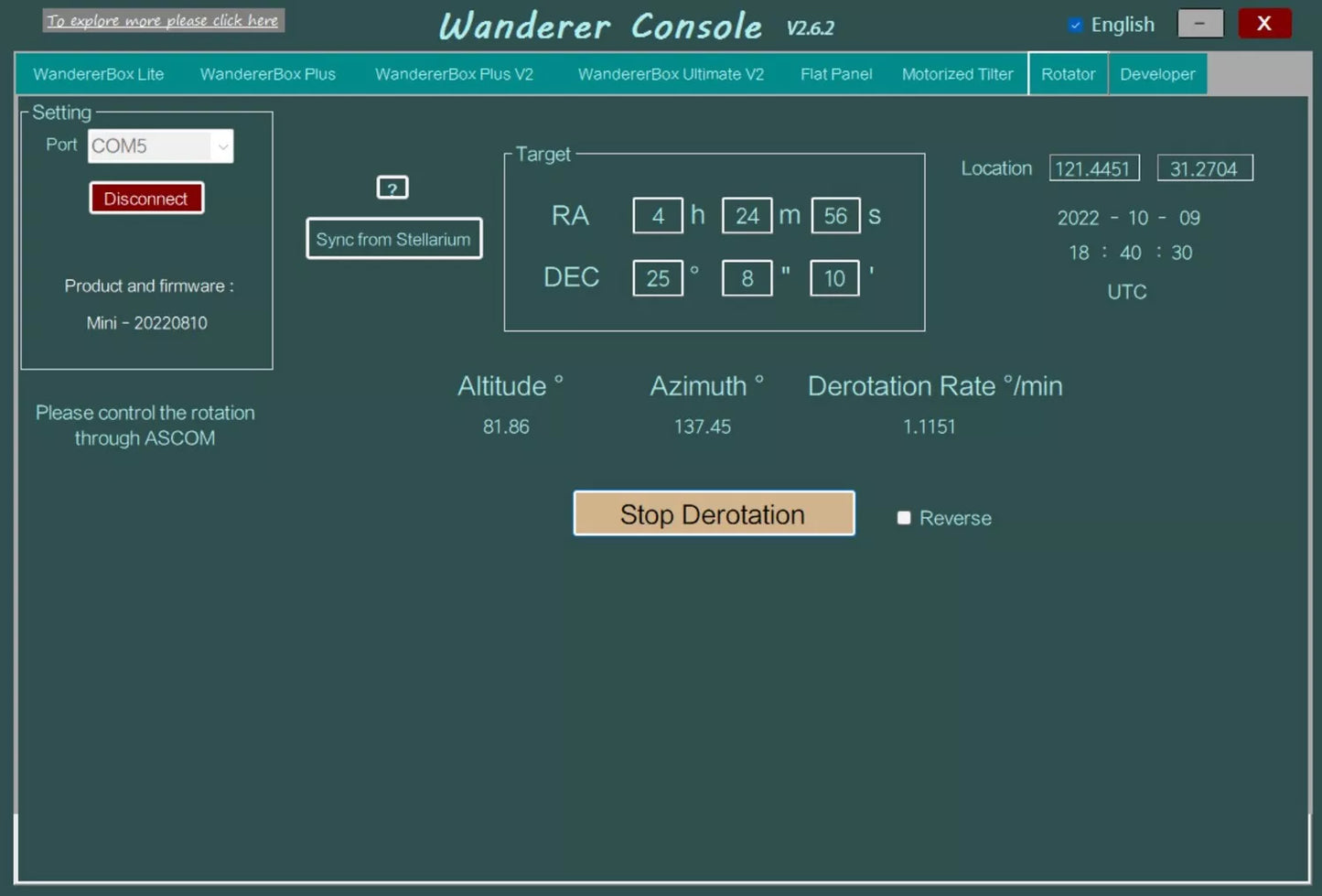 WandererAstro Motorized Camera Rotator M68 Lite V2
